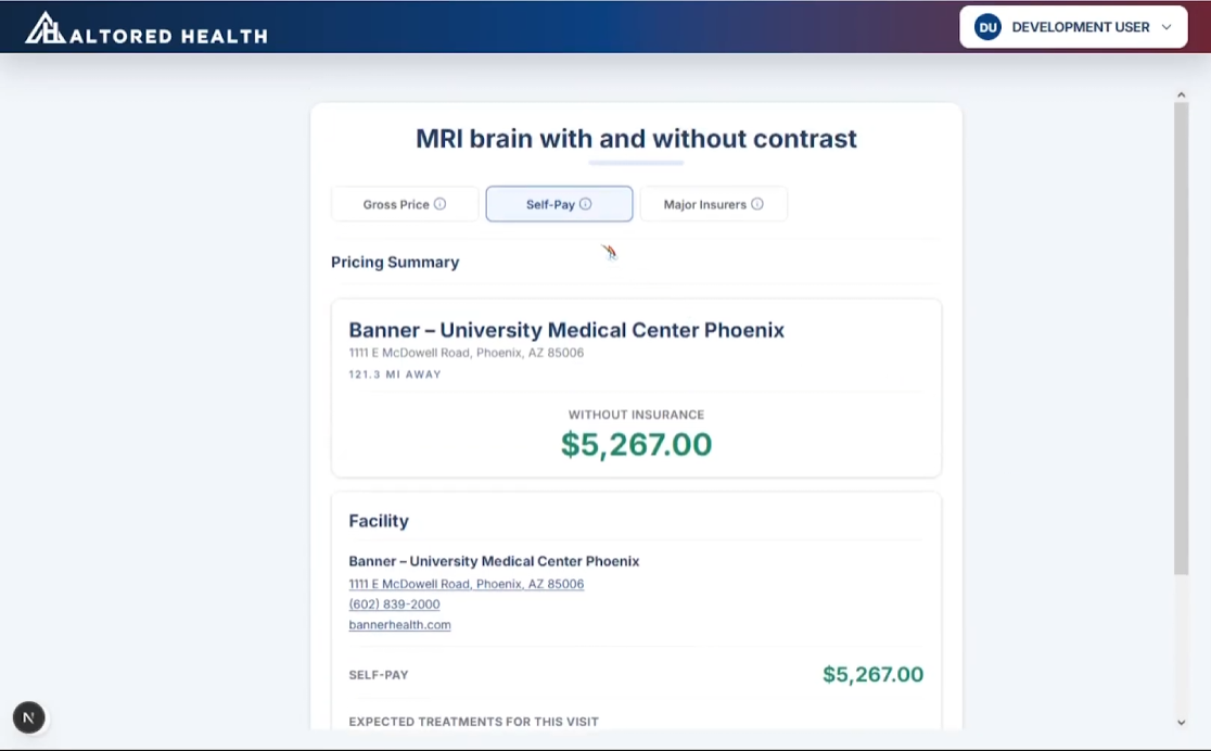 Altored Health insurance information view